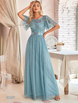 ever SAPHIR|Women's A-Line Sequin Leaf Maxi Prom Dress with Sleeves