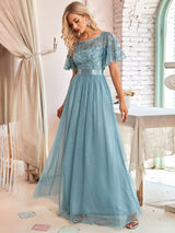 ever SAPHIR|Women's A-Line Sequin Leaf Maxi Prom Dress with Sleeves