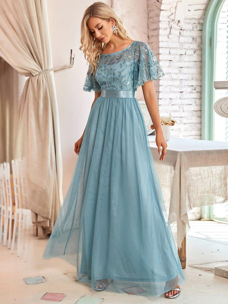 ever SAPHIR|Women's A-Line Sequin Leaf Maxi Prom Dress with Sleeves