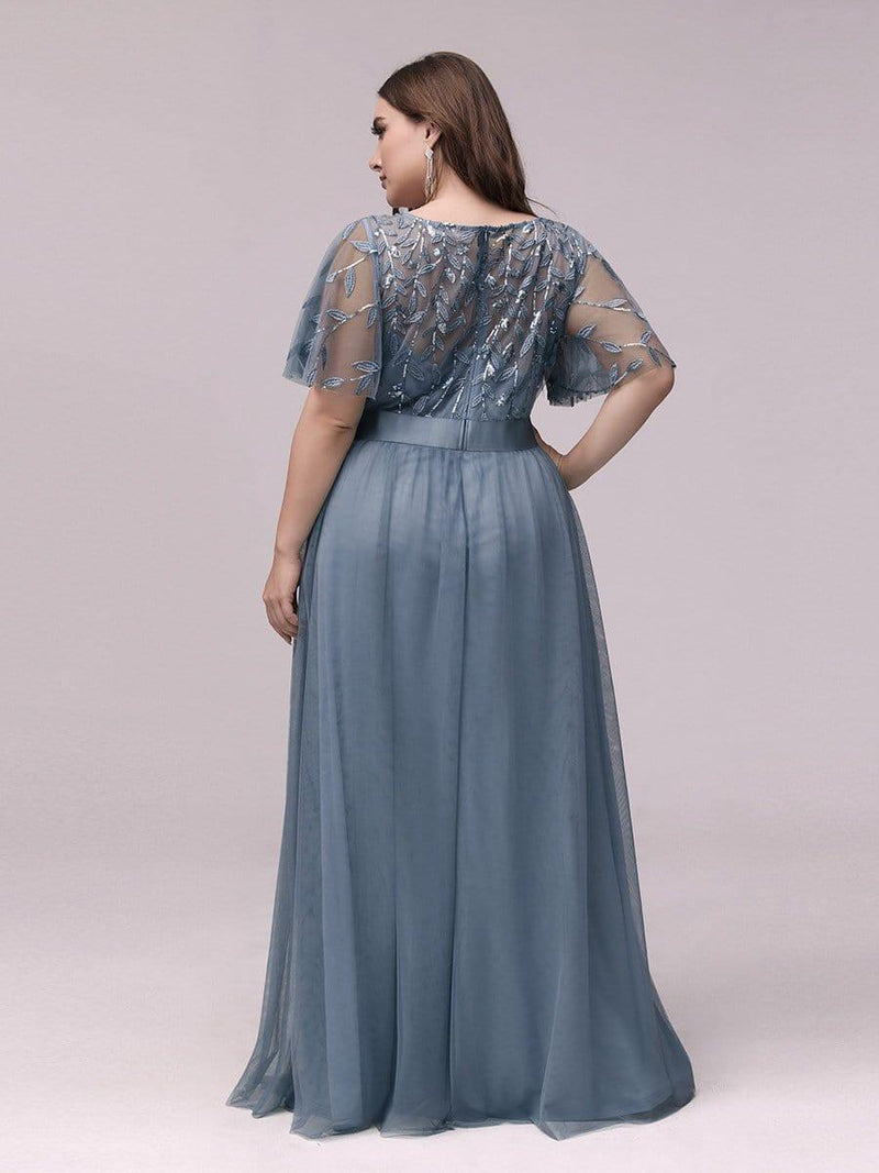 ever SAPHIR|Women's A-Line Sequin Leaf Maxi Prom Dress with Sleeves
