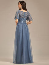 ever SAPHIR|Women's A-Line Sequin Leaf Maxi Prom Dress with Sleeves