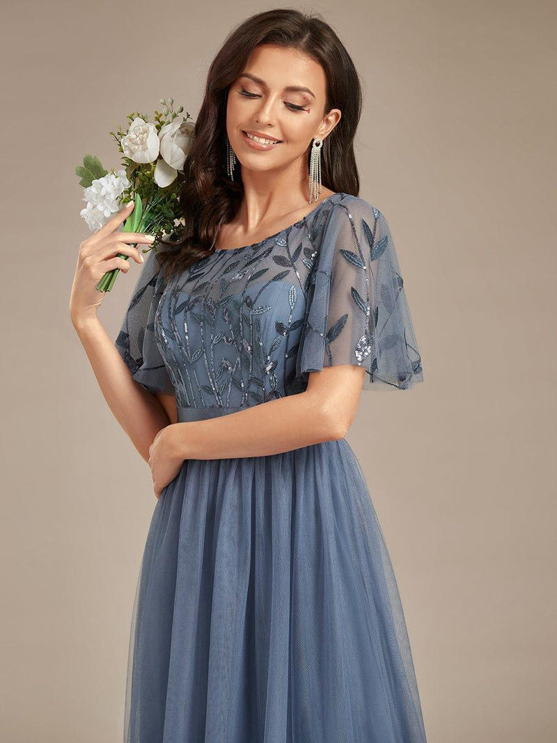 ever SAPHIR|Women's A-Line Sequin Leaf Maxi Prom Dress with Sleeves