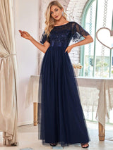 ever SAPHIR|Women's A-Line Sequin Leaf Maxi Prom Dress with Sleeves