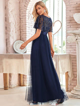ever SAPHIR|Women's A-Line Sequin Leaf Maxi Prom Dress with Sleeves