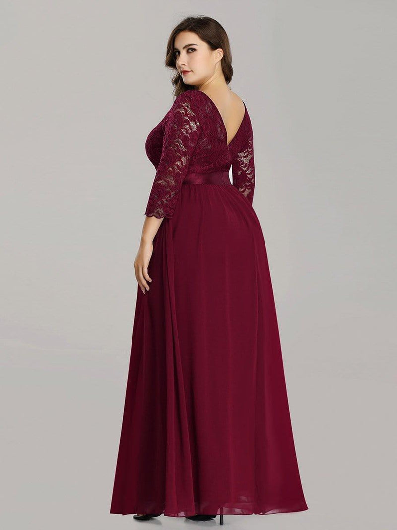 ever FAUN|See-Through Floor Length Lace Chiffon Evening Dress with Half Sleeve