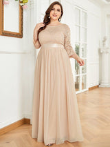 ever FAUN|See-Through Floor Length Lace Chiffon Evening Dress with Half Sleeve