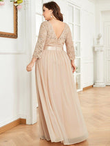 ever FAUN|See-Through Floor Length Lace Chiffon Evening Dress with Half Sleeve