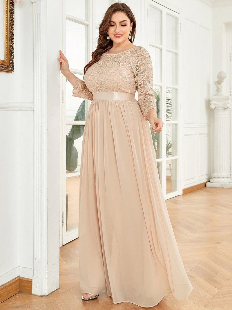 ever FAUN|See-Through Floor Length Lace Chiffon Evening Dress with Half Sleeve