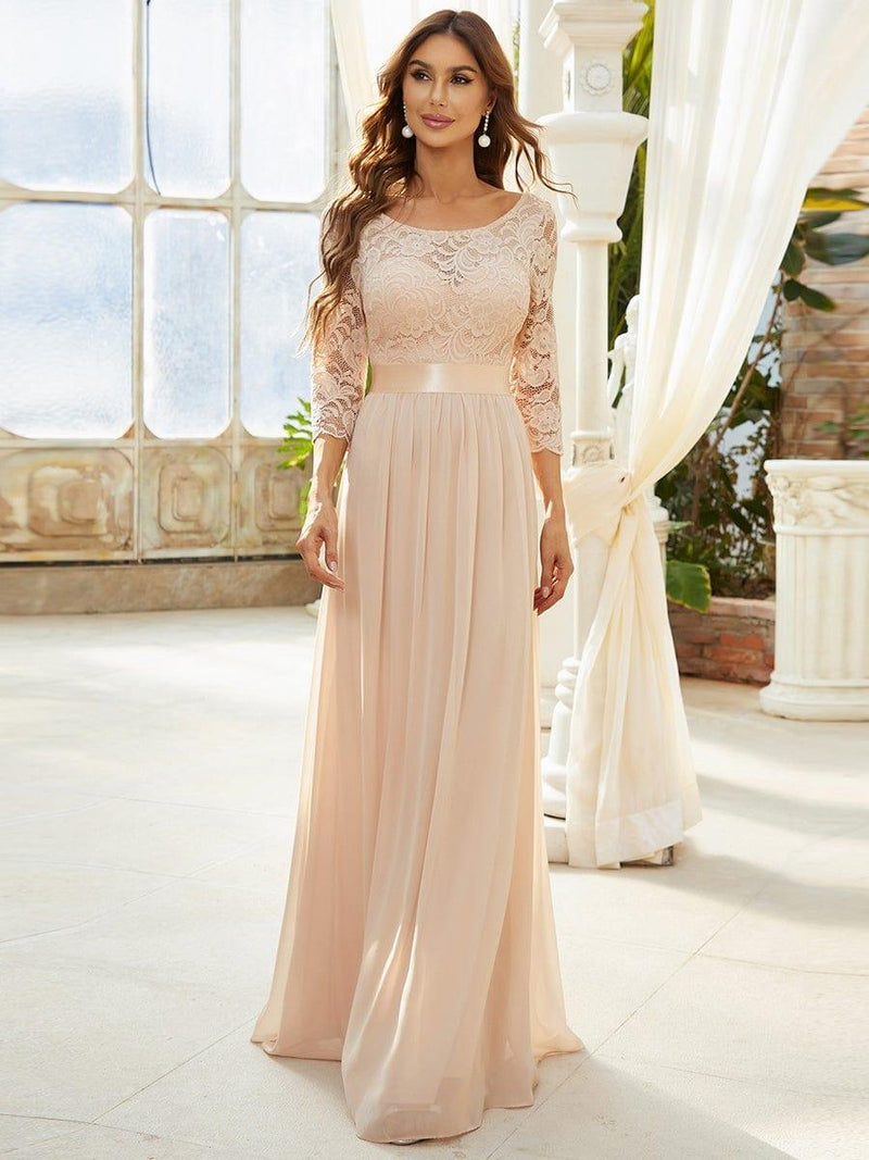 ever FAUN|See-Through Floor Length Lace Chiffon Evening Dress with Half Sleeve