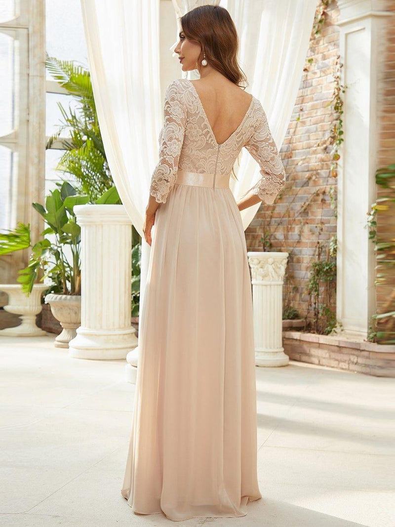 ever FAUN|See-Through Floor Length Lace Chiffon Evening Dress with Half Sleeve