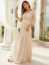 ever FAUN|See-Through Floor Length Lace Chiffon Evening Dress with Half Sleeve