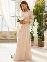 ever FAUN|See-Through Floor Length Lace Chiffon Evening Dress with Half Sleeve