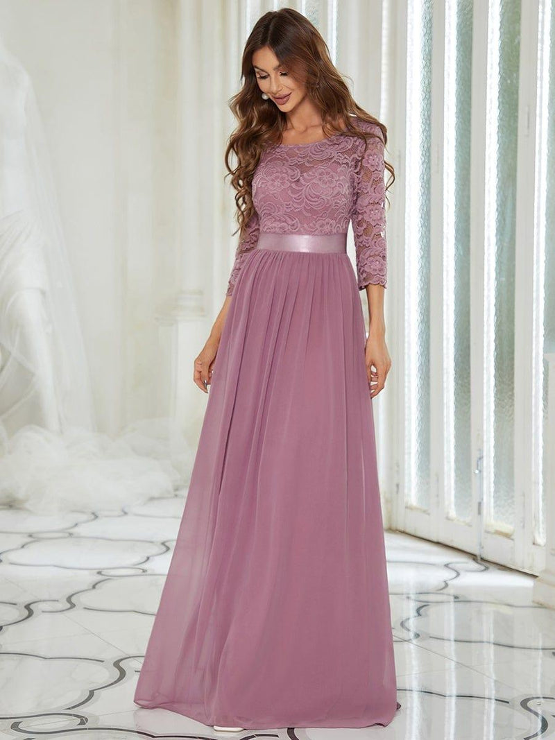 ever FAUN|See-Through Floor Length Lace Chiffon Evening Dress with Half Sleeve