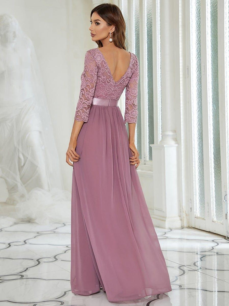 ever FAUN|See-Through Floor Length Lace Chiffon Evening Dress with Half Sleeve