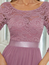 ever FAUN|See-Through Floor Length Lace Chiffon Evening Dress with Half Sleeve