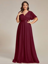 ever MISTE|Double V-Neck Floor-Length Short Sleeve Tulle Bridesmaid Dresses