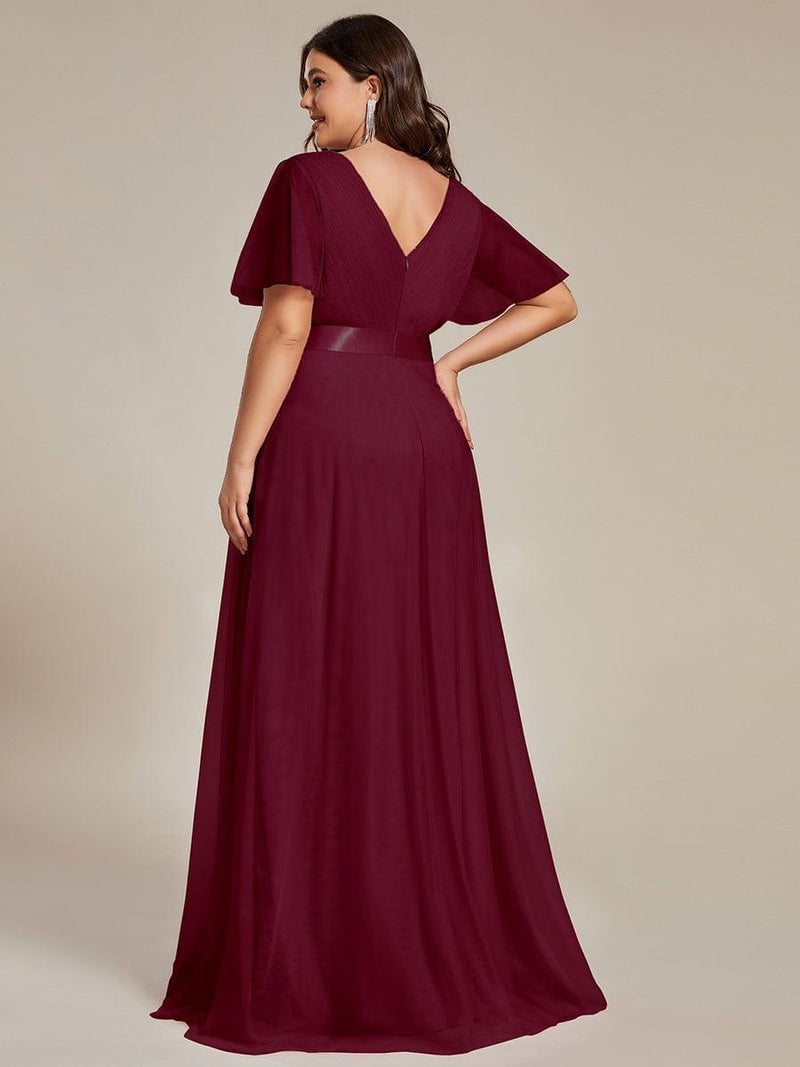 ever MISTE|Double V-Neck Floor-Length Short Sleeve Tulle Bridesmaid Dresses