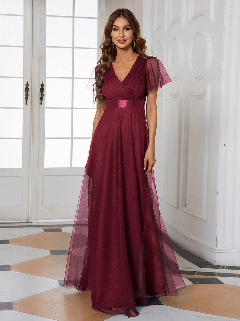 ever MISTE|Double V-Neck Floor-Length Short Sleeve Tulle Bridesmaid Dresses