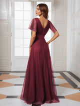 ever MISTE|Double V-Neck Floor-Length Short Sleeve Tulle Bridesmaid Dresses