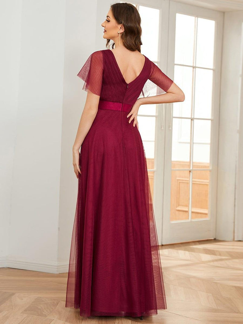 ever MISTE|Double V-Neck Floor-Length Short Sleeve Tulle Bridesmaid Dresses