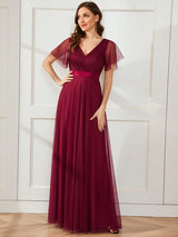ever MISTE|Double V-Neck Floor-Length Short Sleeve Tulle Bridesmaid Dresses