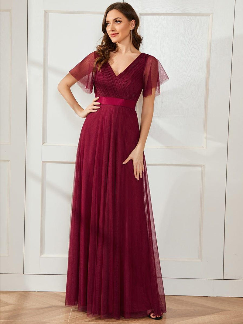ever MISTE|Double V-Neck Floor-Length Short Sleeve Tulle Bridesmaid Dresses