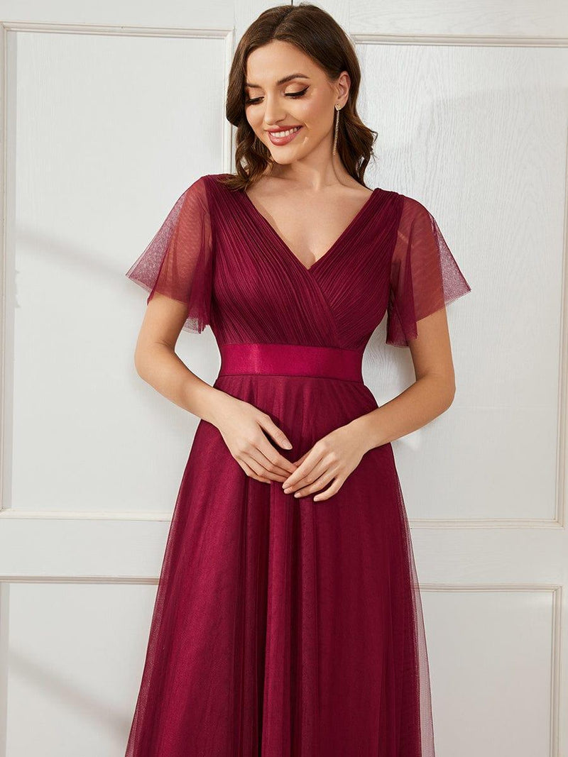 ever MISTE|Double V-Neck Floor-Length Short Sleeve Tulle Bridesmaid Dresses
