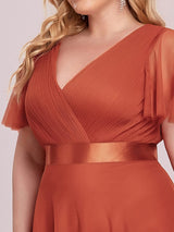ever MISTE|Double V-Neck Floor-Length Short Sleeve Tulle Bridesmaid Dresses