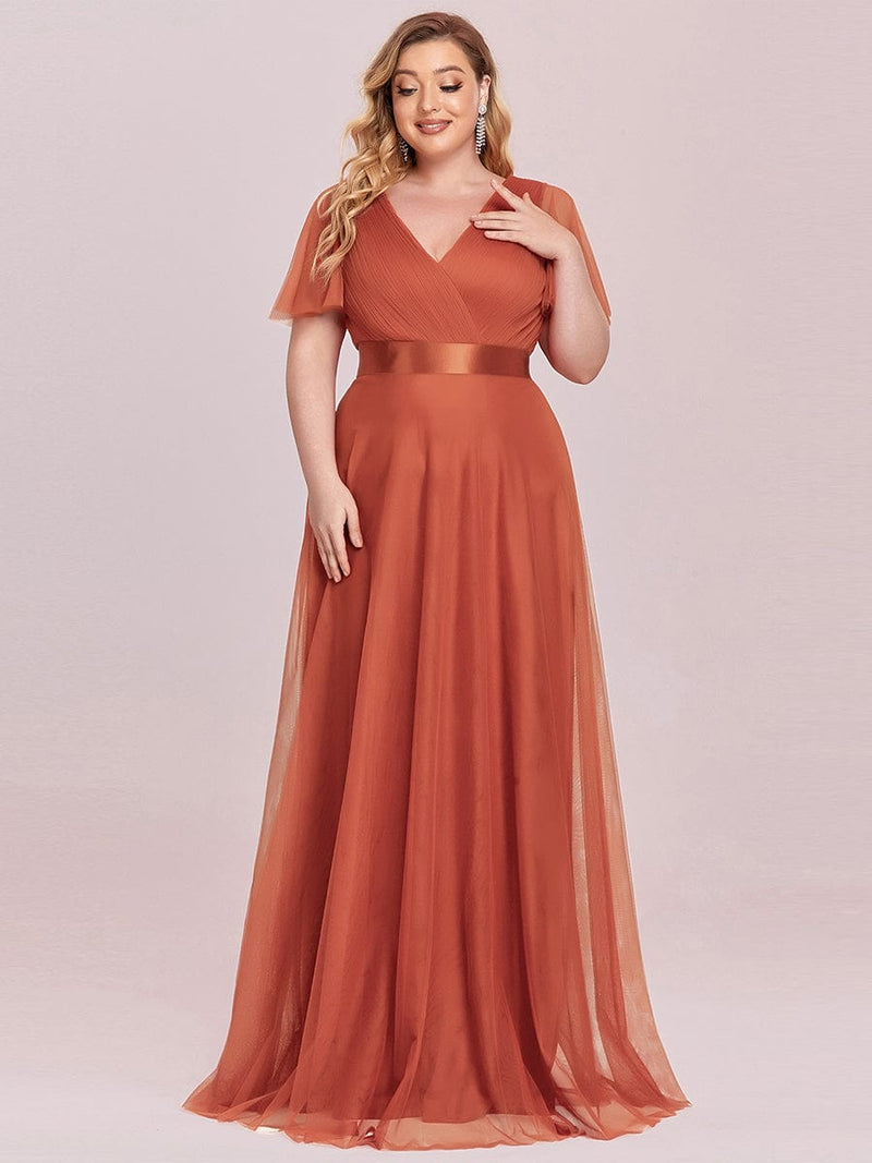 ever MISTE|Double V-Neck Floor-Length Short Sleeve Tulle Bridesmaid Dresses