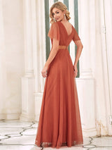 ever MISTE|Double V-Neck Floor-Length Short Sleeve Tulle Bridesmaid Dresses