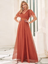 ever MISTE|Double V-Neck Floor-Length Short Sleeve Tulle Bridesmaid Dresses