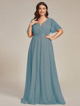 ever MISTE|Double V-Neck Floor-Length Short Sleeve Tulle Bridesmaid Dresses