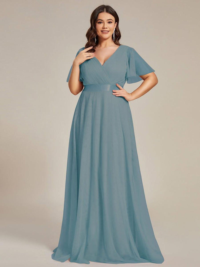 ever MISTE|Double V-Neck Floor-Length Short Sleeve Tulle Bridesmaid Dresses