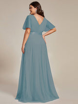 ever MISTE|Double V-Neck Floor-Length Short Sleeve Tulle Bridesmaid Dresses