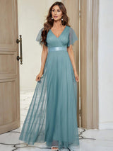 ever MISTE|Double V-Neck Floor-Length Short Sleeve Tulle Bridesmaid Dresses