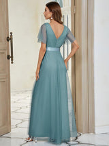 ever MISTE|Double V-Neck Floor-Length Short Sleeve Tulle Bridesmaid Dresses