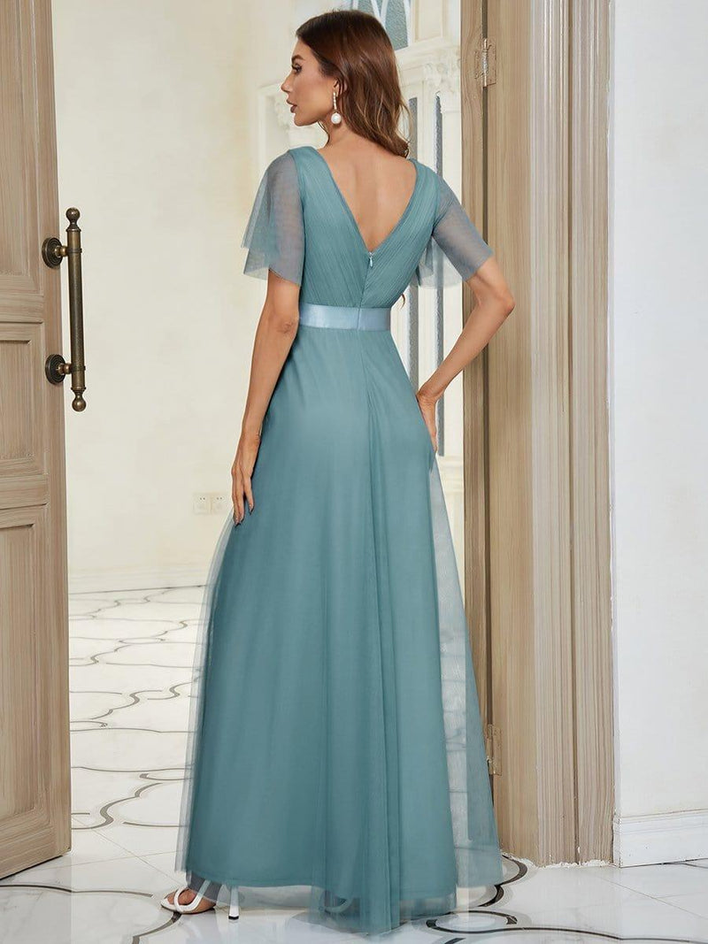 ever MISTE|Double V-Neck Floor-Length Short Sleeve Tulle Bridesmaid Dresses