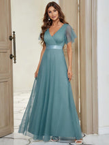 ever MISTE|Double V-Neck Floor-Length Short Sleeve Tulle Bridesmaid Dresses