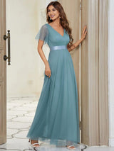 ever MISTE|Double V-Neck Floor-Length Short Sleeve Tulle Bridesmaid Dresses