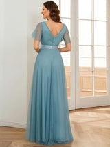 ever MISTE|Double V-Neck Floor-Length Short Sleeve Tulle Bridesmaid Dresses