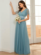 ever MISTE|Double V-Neck Floor-Length Short Sleeve Tulle Bridesmaid Dresses
