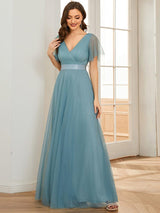 ever MISTE|Double V-Neck Floor-Length Short Sleeve Tulle Bridesmaid Dresses