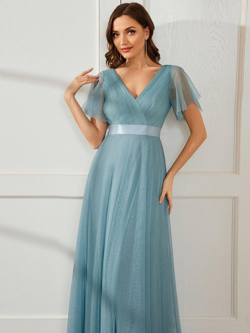 ever MISTE|Double V-Neck Floor-Length Short Sleeve Tulle Bridesmaid Dresses