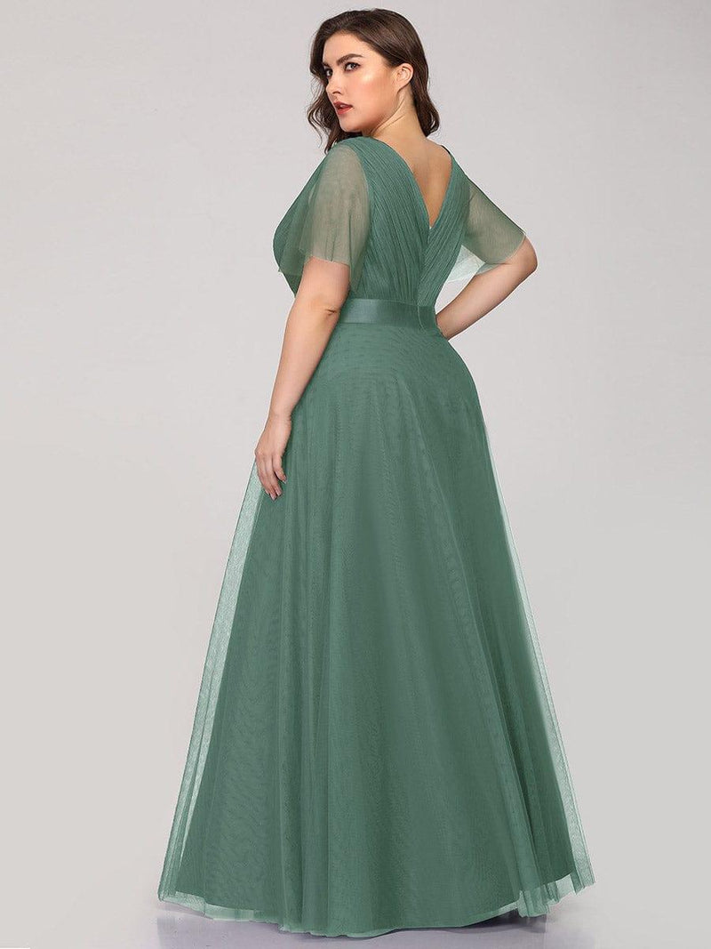 ever MISTE|Double V-Neck Floor-Length Short Sleeve Tulle Bridesmaid Dresses