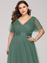 ever MISTE|Double V-Neck Floor-Length Short Sleeve Tulle Bridesmaid Dresses