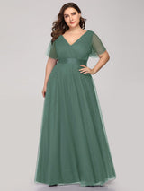 ever MISTE|Double V-Neck Floor-Length Short Sleeve Tulle Bridesmaid Dresses