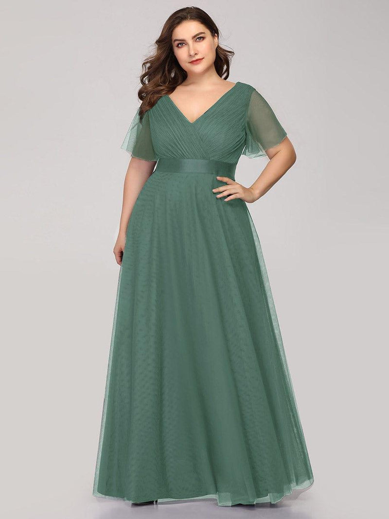 ever MISTE|Double V-Neck Floor-Length Short Sleeve Tulle Bridesmaid Dresses