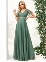 ever MISTE|Double V-Neck Floor-Length Short Sleeve Tulle Bridesmaid Dresses