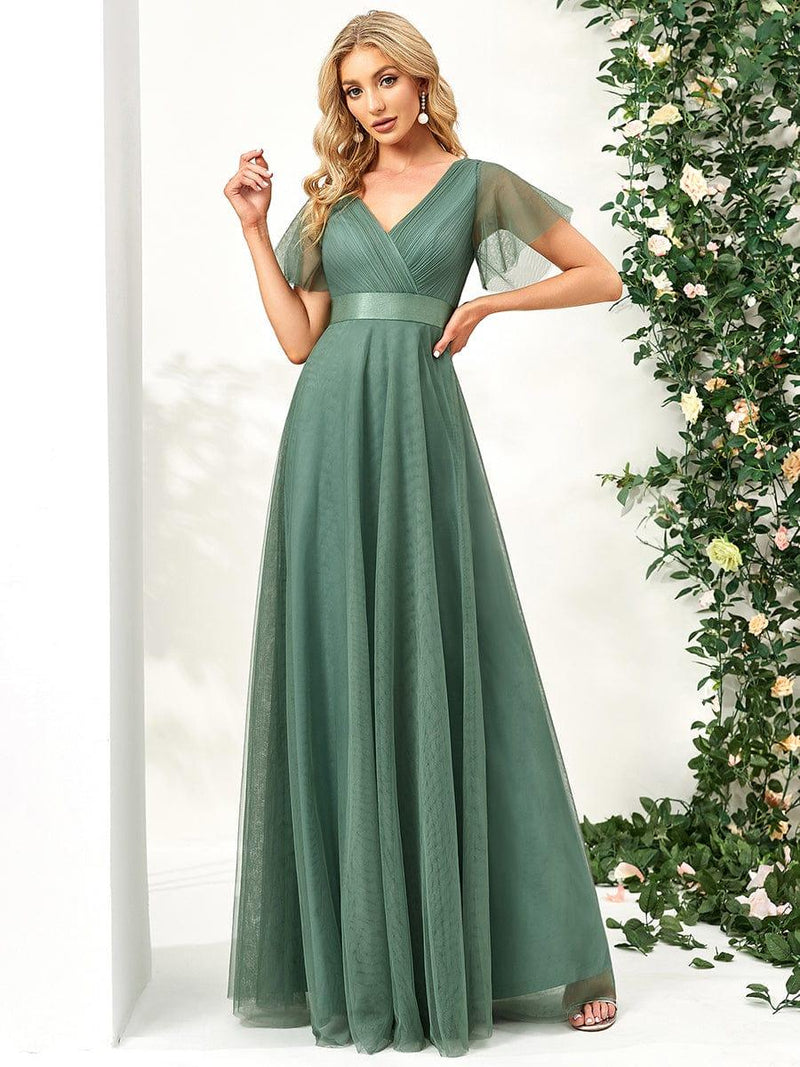 ever MISTE|Double V-Neck Floor-Length Short Sleeve Tulle Bridesmaid Dresses