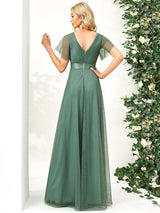 ever MISTE|Double V-Neck Floor-Length Short Sleeve Tulle Bridesmaid Dresses